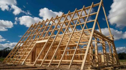 Maison écologique contemporaine en bois avec grandes ouvertures et végétation