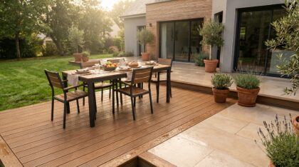Terrasse extérieure associant des lames de bois et du carrelage imitation bois