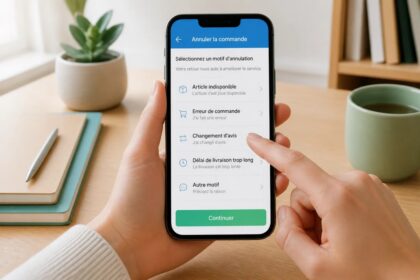 Main utilisant une application de vente entre particuliers sur un smartphone